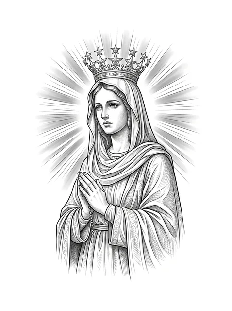 Black and grey illustrative crown and virgin mary tattoo design: the Virgin Mary