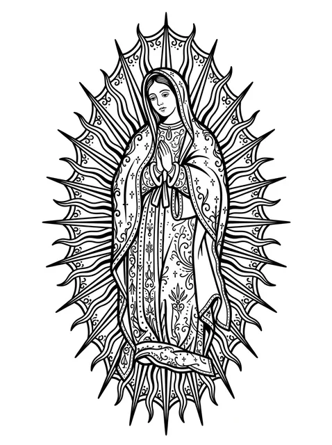 Black and white illustrative virgin mary and praying hands tattoo design: the Virgin Mary