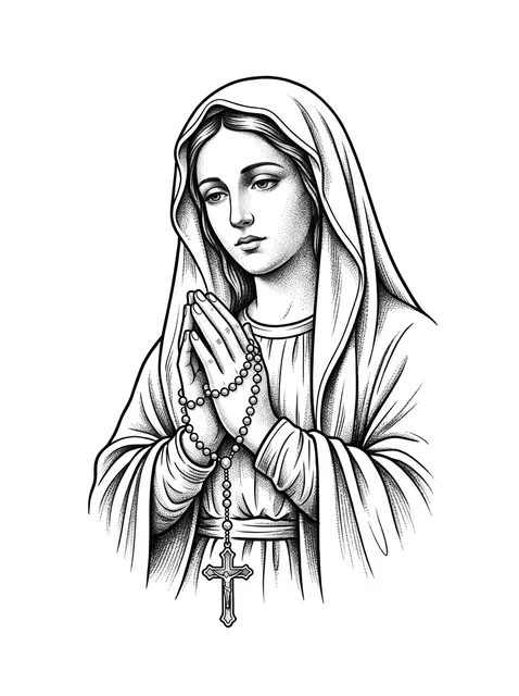 Black and white illustrative virgin mary and praying hands tattoo design: the Virgin Mary in prayer