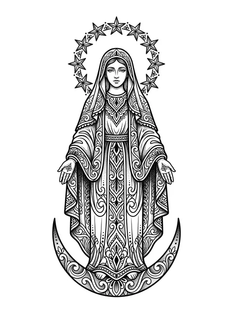 Black and white illustrative virgin mary and star tattoo design