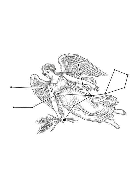Black and grey illustrative virgo and constellation tattoo design