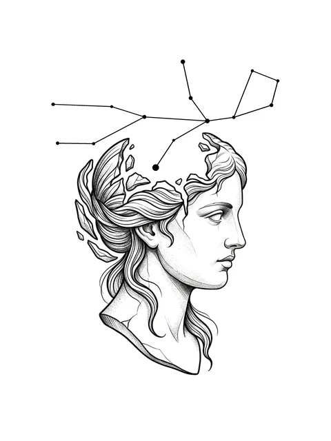 Black and grey illustrative virgo and constellation tattoo design
