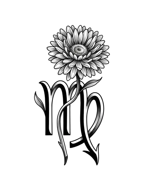 Diseño de tatuaje de virgo y una flor de estilo ilustrativo en negro y gris