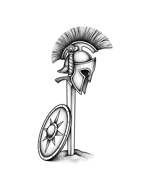 Black and grey illustrative warrior and spartan helmet tattoo design