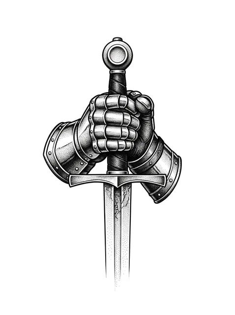 Black and grey illustrative warrior and sword tattoo design