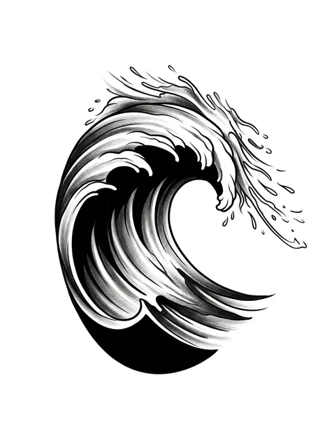 Black and grey illustrative wave tattoo design
