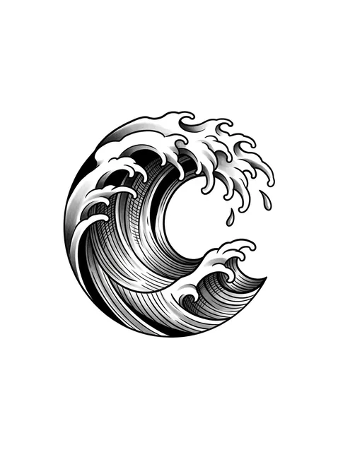 Black and grey illustrative wave tattoo design