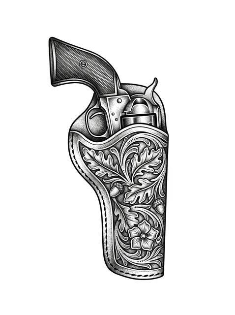 Black and grey illustrative gun and western tattoo design