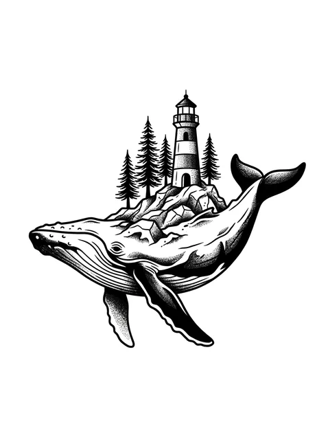 Black and grey illustrative whale and lighthouse tattoo design