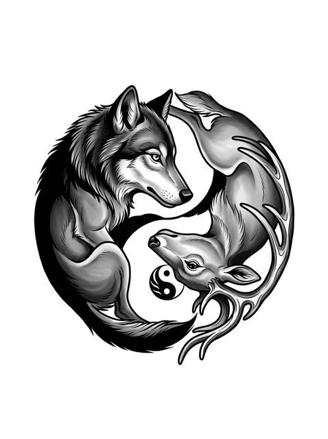 Black and grey illustrative deer and wolf tattoo design