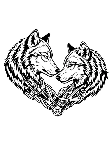Black and white illustrative wolf and heart tattoo design