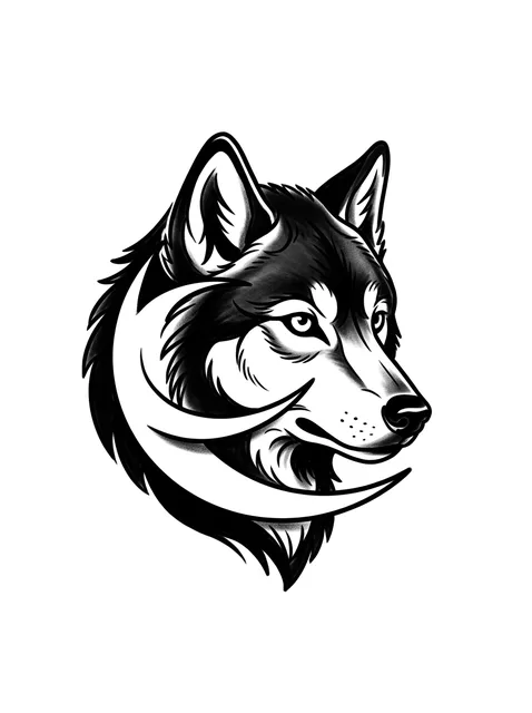 Black and grey illustrative moon and wolf tattoo design