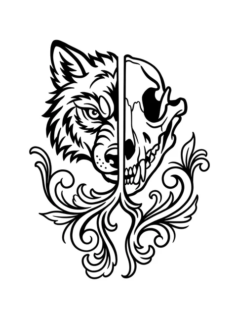 Black and grey illustrative skull and wolf tattoo design