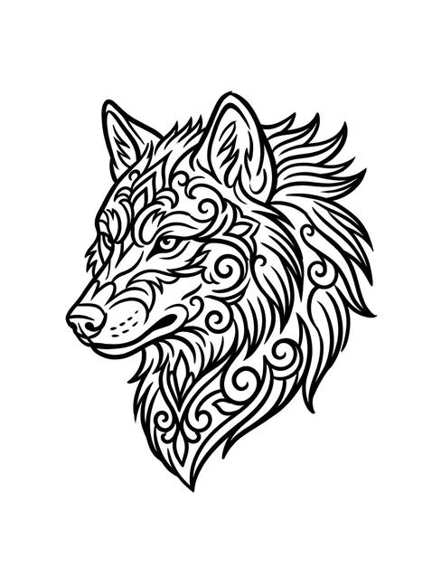 Black and grey illustrative wolf tattoo design: a wolf's head in profile