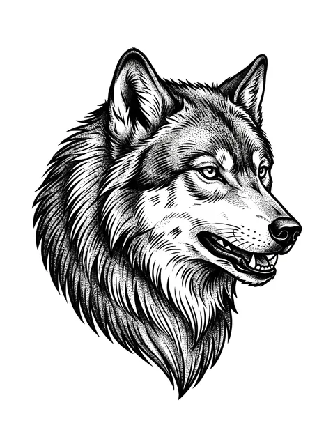 Black and white illustrative wolf tattoo design: a wolf's head