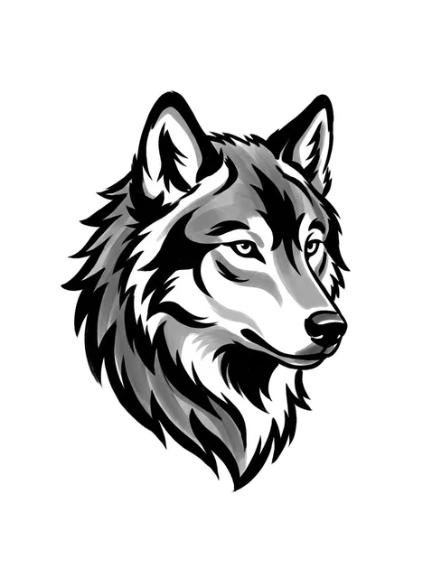 Black and grey illustrative wolf tattoo design: the head of a wolf