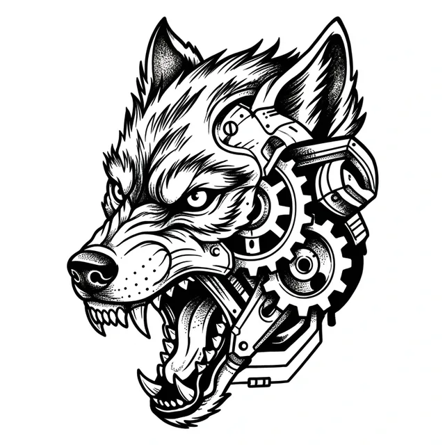 illustrative Wolf tattoo design, black and grey