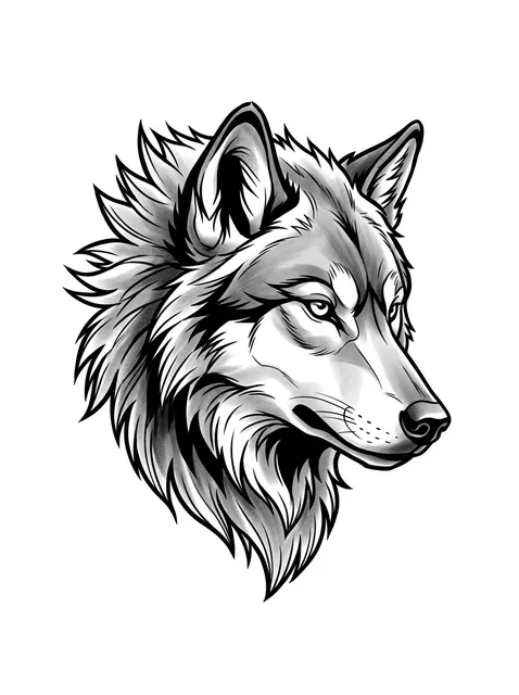illustrative Wolf tattoo design, black and grey