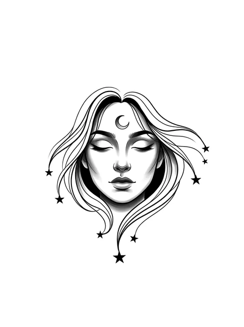 Black and grey illustrative woman portrait and moon tattoo design