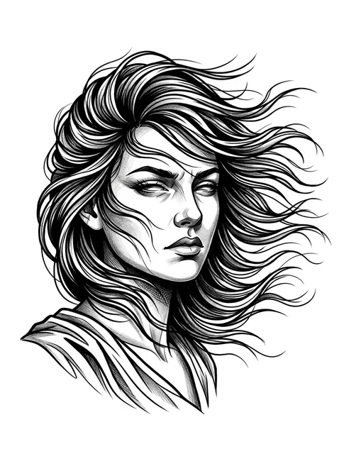 Black and grey illustrative woman portrait tattoo design