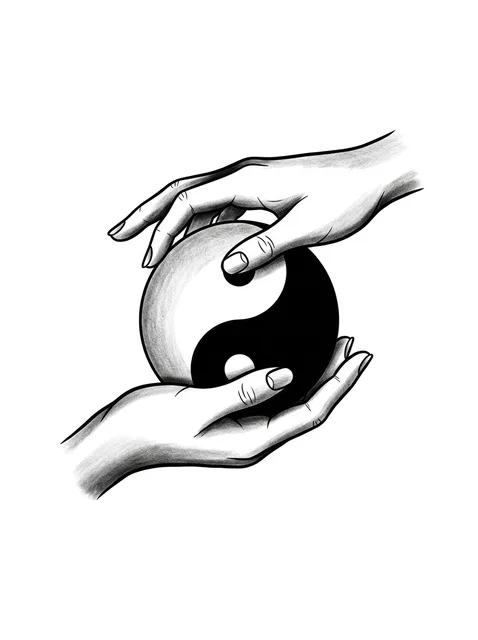 Black and grey illustrative yin yang and hand tattoo design