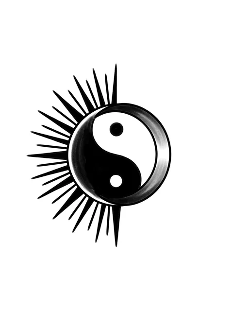 Black and white illustrative yin yang and sun tattoo design