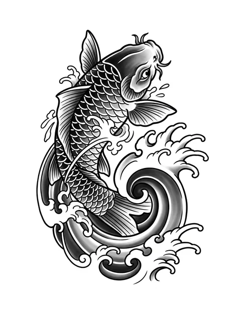 Black and grey irezumi koi and wave tattoo design