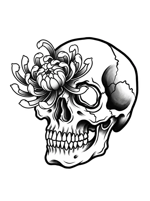 Black and grey irezumi skull and chrysanthemum tattoo design