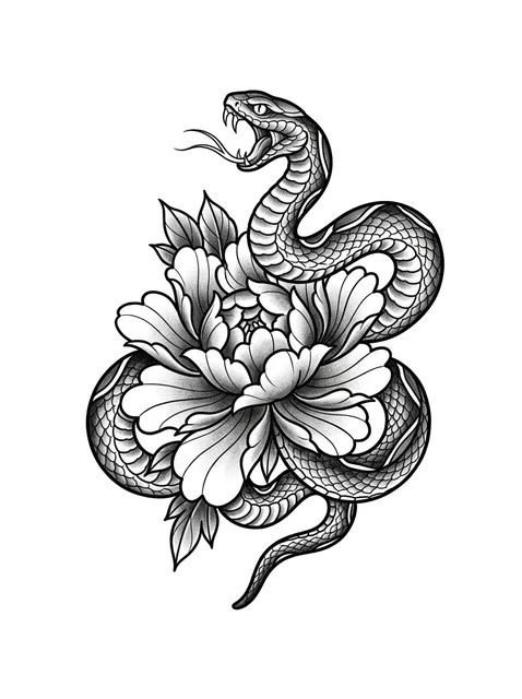Black and grey irezumi snake and peony tattoo design