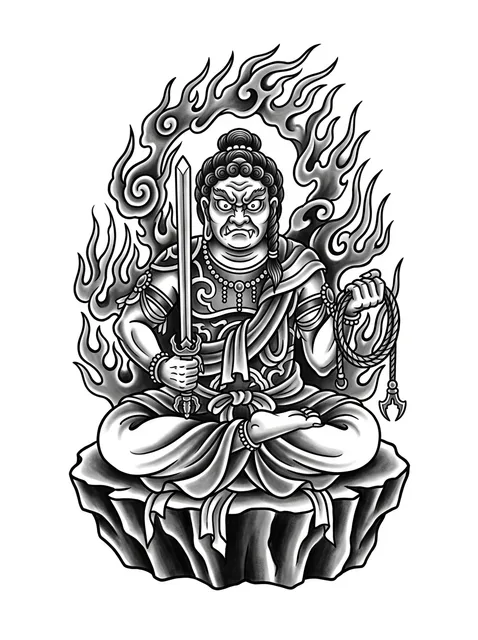 Black and grey irezumi sword and fire tattoo design