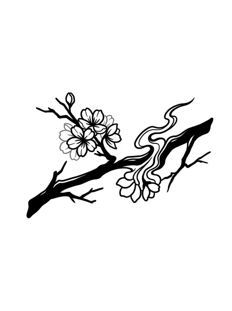 Black and grey Japanese cherry blossom and flower tattoo design: a branch of cherry blossoms