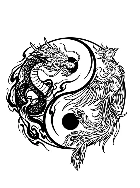 Black and grey Japanese dragon and phoenix tattoo design