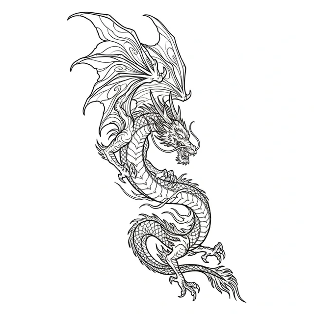 Black and white Japanese dragon tattoo design: a fierce Japanese dragon with large, intricate wings