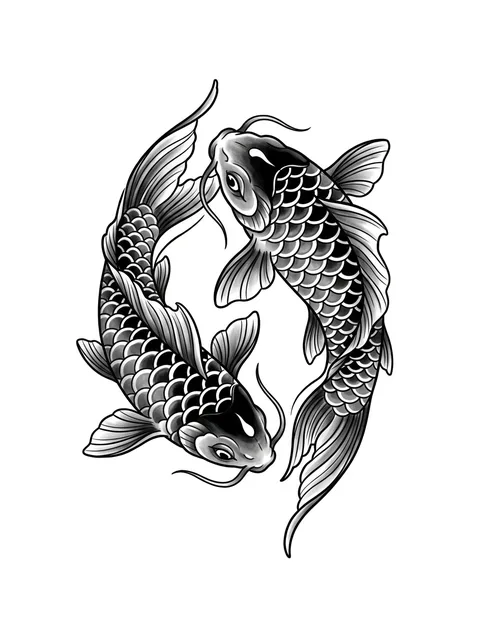 Black and grey Japanese fish and koi tattoo design: two koi fish
