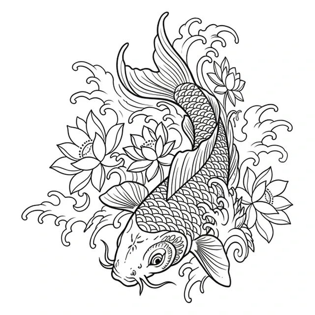 Black and grey Japanese koi and lotus tattoo design: the fish and the delicate petals of the lotus