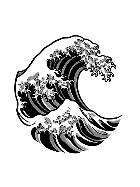 Tattoo-Vorlage mit dem Meer und einer Welle, Stil: japanisch, in Schwarz-Grau