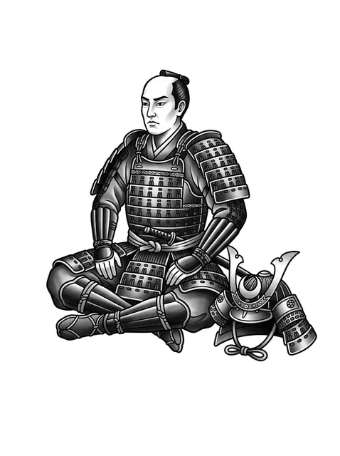 Black and grey Japanese samurai tattoo design: its faceguard resting beside him