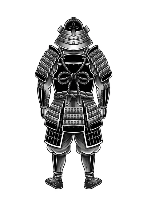 Black and grey Japanese samurai tattoo design: a samurai warrior's armor, viewed from the back