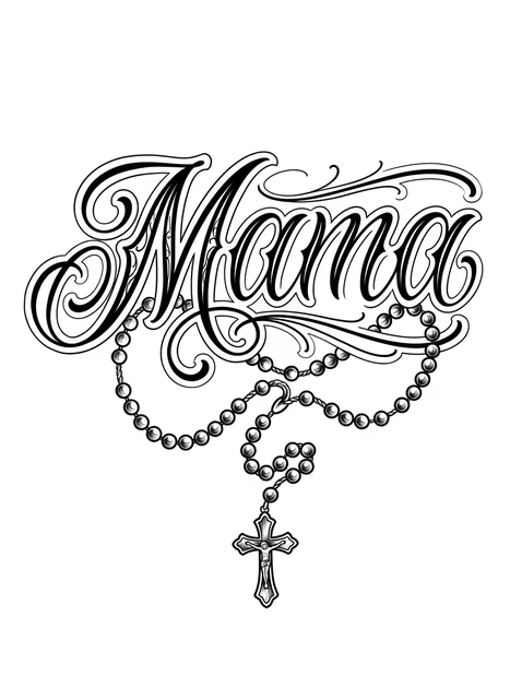 Black and grey lettering name and crucifix tattoo design: a small crucifix looping beneath it