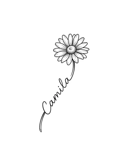 Black and grey lettering name and daisy tattoo design