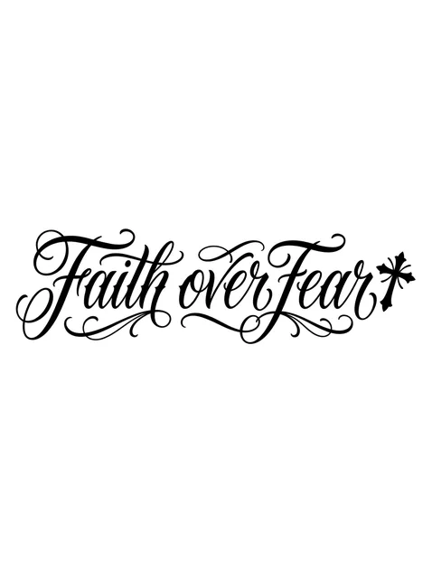 Black and grey lettering quote and cross tattoo design