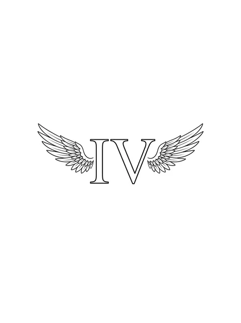 Black and grey lettering roman numerals and angel wings tattoo design