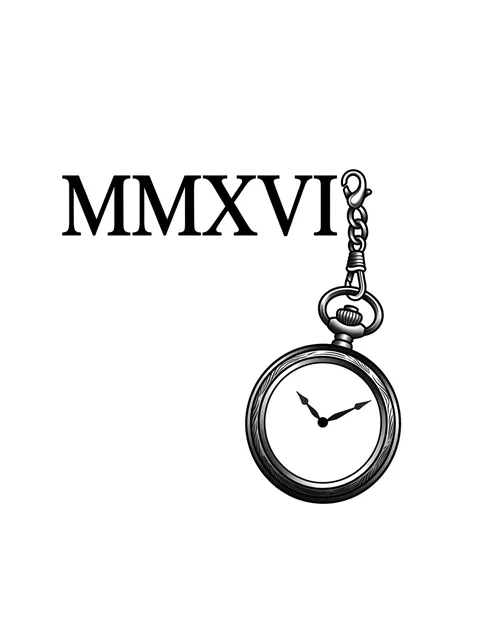 Black and grey lettering roman numerals and clock tattoo design