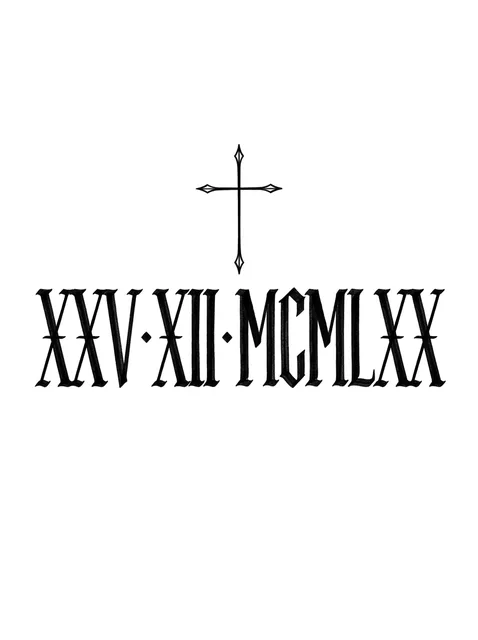 Black and grey lettering roman numerals and cross tattoo design