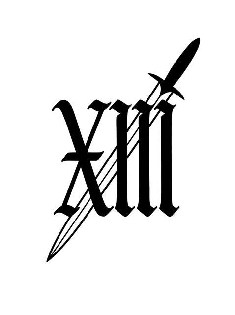 Black and grey lettering roman numerals and dagger tattoo design