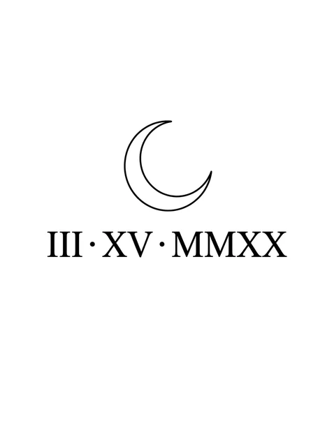 Black and grey lettering roman numerals and moon tattoo design
