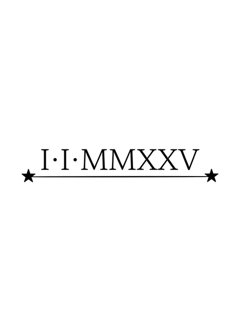 Black and grey lettering roman numerals and star tattoo design: a small solid star at each end