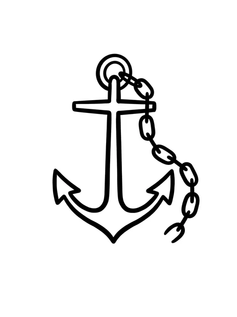 Black and white linework anchor tattoo design, outline stencil: an anchor with a chain