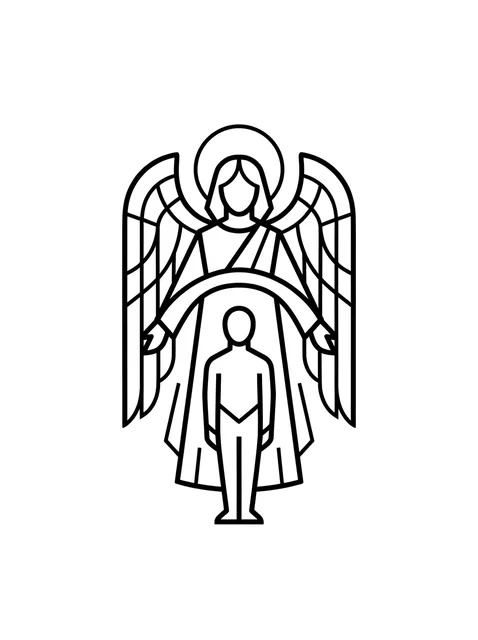 Black and white linework angel and hand tattoo design, outline stencil