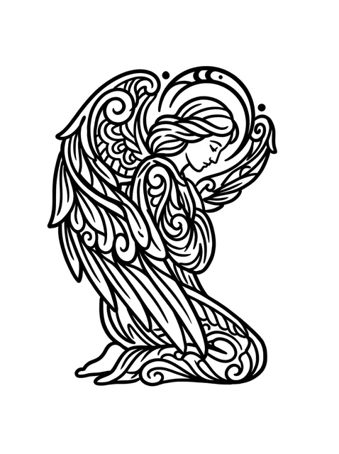 Black and white linework angel tattoo design, outline stencil